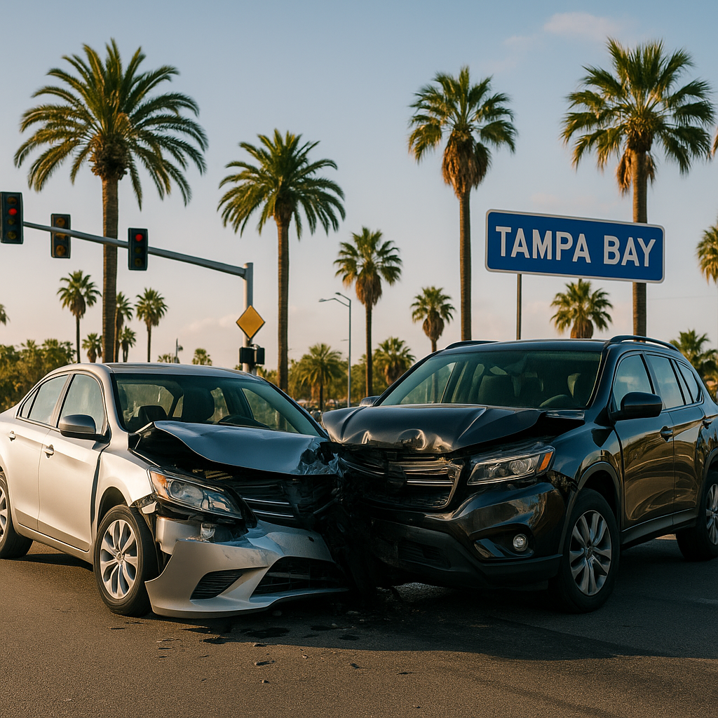 Car accident scene in Tampa Bay, Florida with palm trees — used by Largo car accident lawyer Matthew Rubne